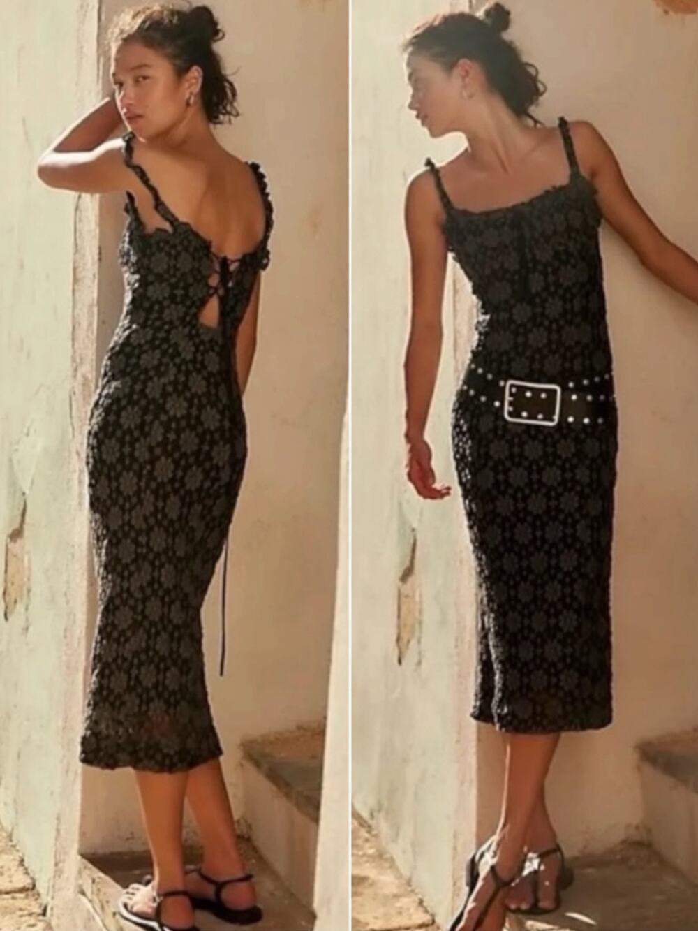 Free People Ethereal Dainty Romantic Lucinda Lace Midi Slip Dress Black Large